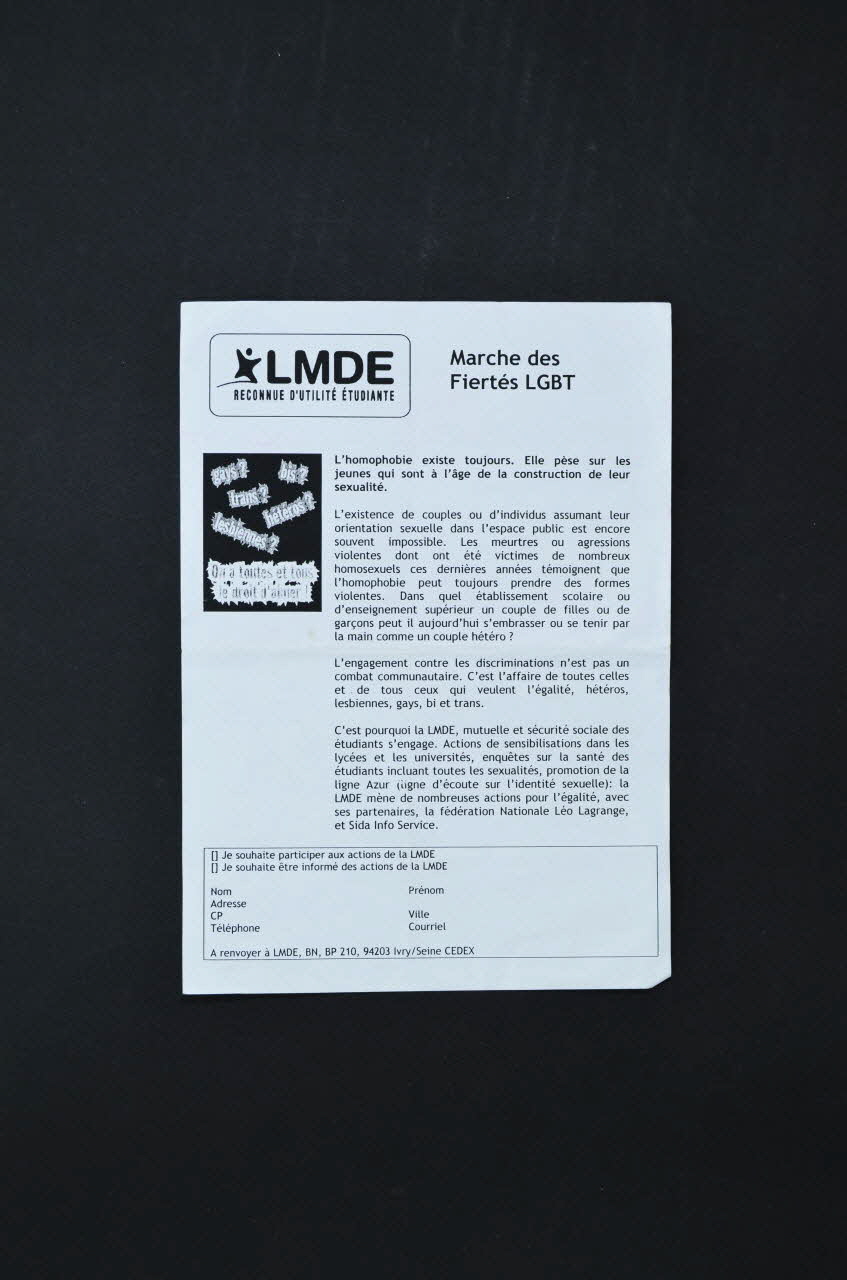 Lmde tract "Marche des fiertés LGBT" France 2005 2005.123.4 Photo Mucem