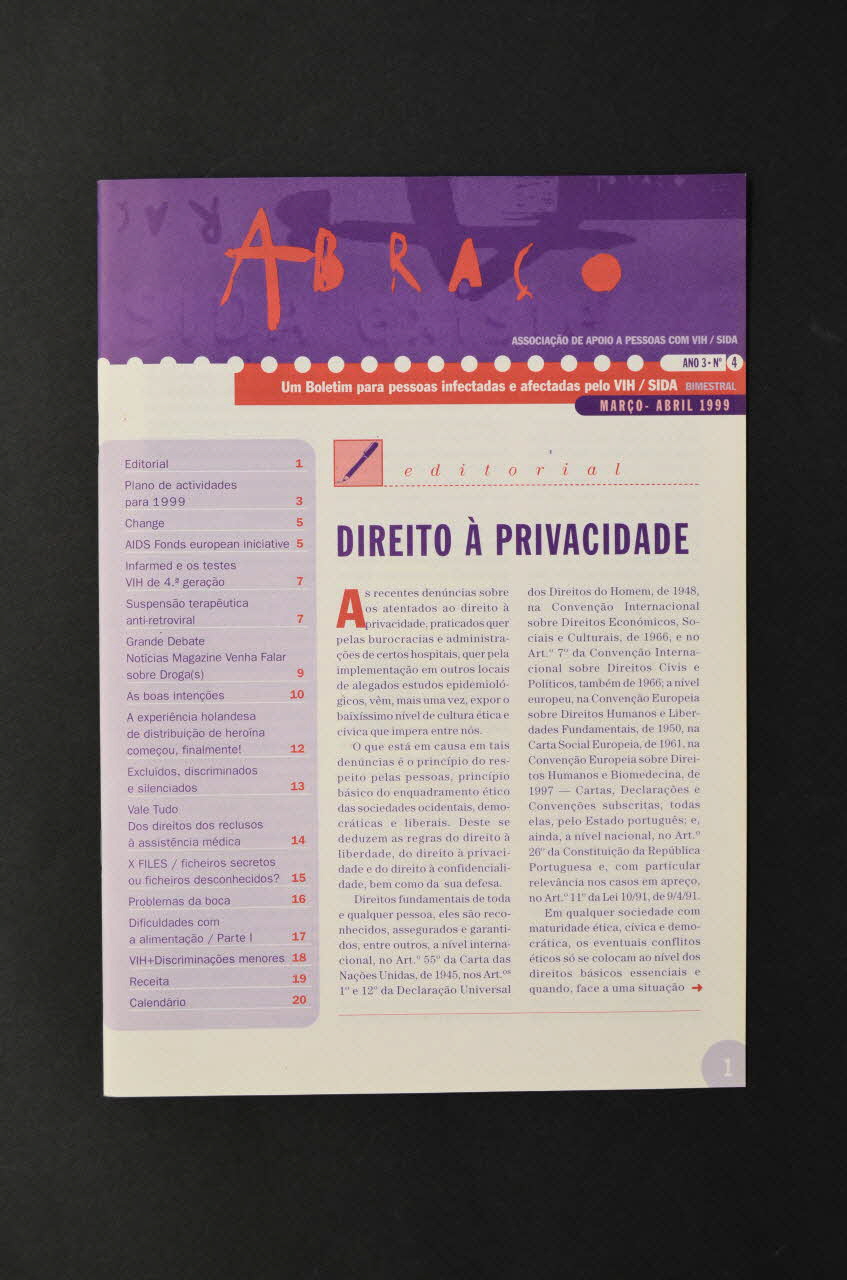 Abraço revue Abraço. Um Boletim para pessoas infectadas e afectadas pelo VIH /SIDA Année 3 , mars-avril 1999, n°4 (Un bulletin pour les personnes infectées et affectées par le VIH/Sida) Portugal 1999 2003.109.75 Photo Mucem