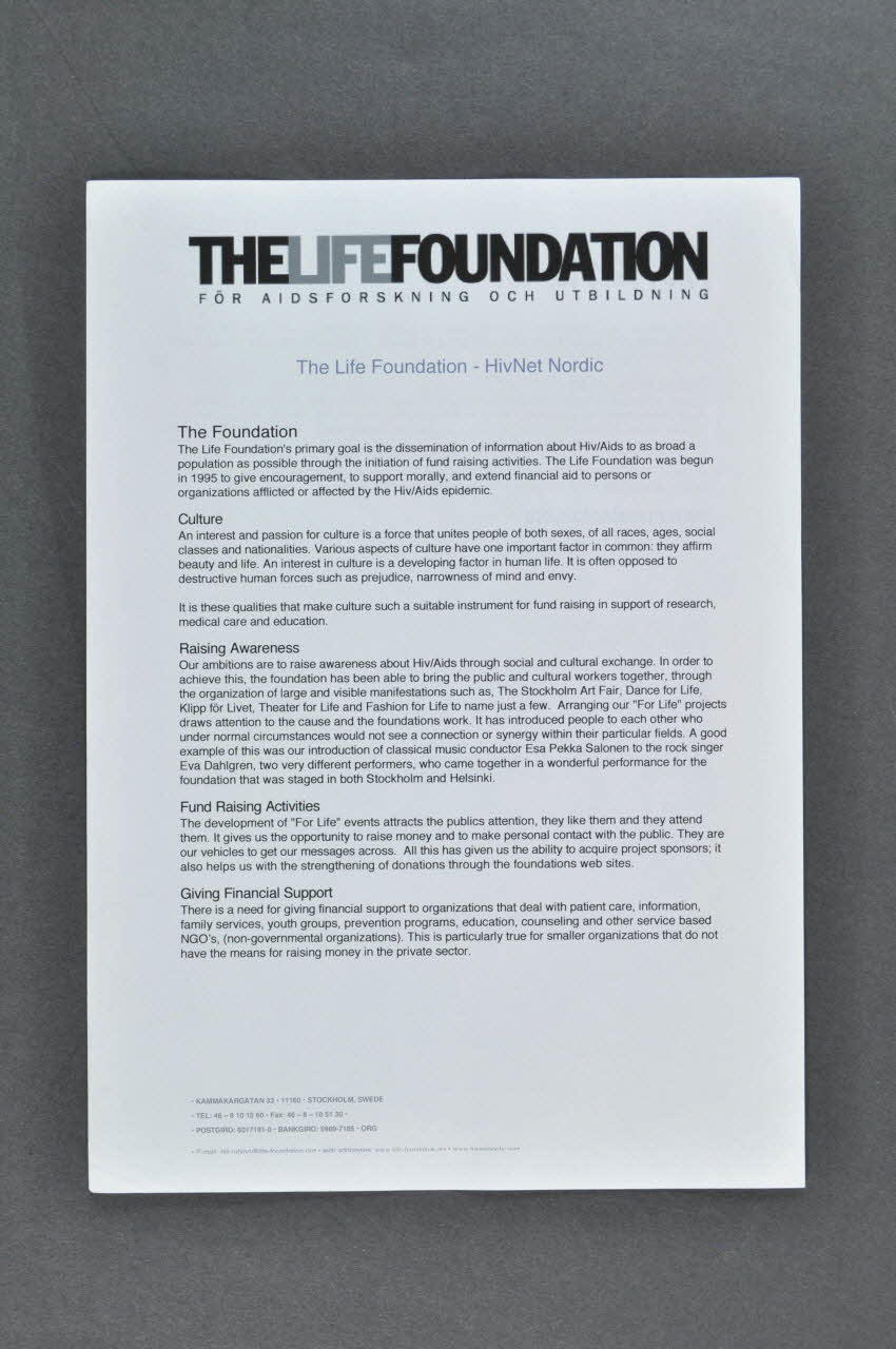 The Life Foundation tract "The life foundation - HIVNet Nordic" Suède 2005 2005.160.1 Photo Mucem