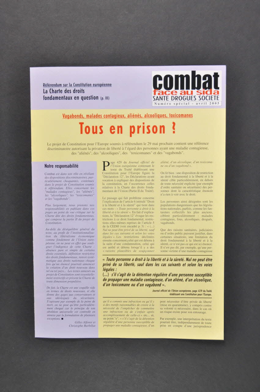 Combat face au Sida revue "Combat face au sida, avril 2005 : "Vagabonds, malades contagieux, aliénés, alcooliques, toxicomanes. Tous en prison ?" France 2005/4 2005.162.6 Photo Mucem