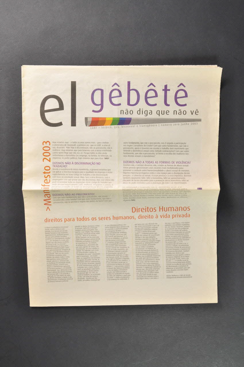 ILGA Portugal journal "el gê bê tê" (lesbico, gay, bissexual e transgenero), n° 0, juin 2003 Portugal 2003/6 2003.110.15.1-2 Photo Mucem