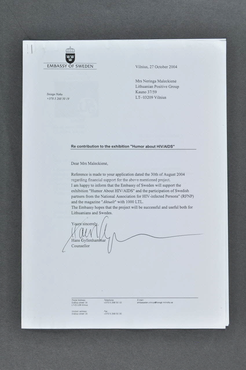 Lithuanian Positive Group, Embassy Of Sweden lettre échange de lettres avec l'ambassade de Suède sur le financement de l'exposition : "Humour about HIV/AIDS" Lituanie 2004 2005.168.2 Photo Mucem