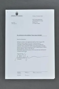 Lithuanian Positive Group, Embassy Of Sweden lettre échange de lettres avec l'ambassade de Suède sur le financement de l'exposition : "Humour about HIV/AIDS" Lituanie 2004 2005.168.2  Photo Mucem
