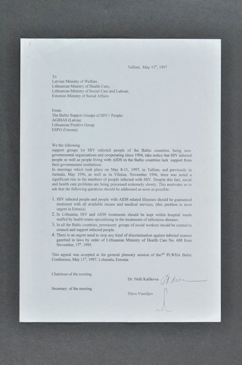 Lithuanian Positive Group, Agihas (Lettonie), Espo lettre Pétition aux ministres de la santé des pays baltes Lituanie 1997/5/11 2005.168.3 Photo Mucem