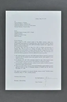 Lithuanian Positive Group, Agihas (Lettonie), Espo lettre Pétition aux ministres de la santé des pays baltes Lituanie 1997/5/11 2005.168.3 Photo Mucem