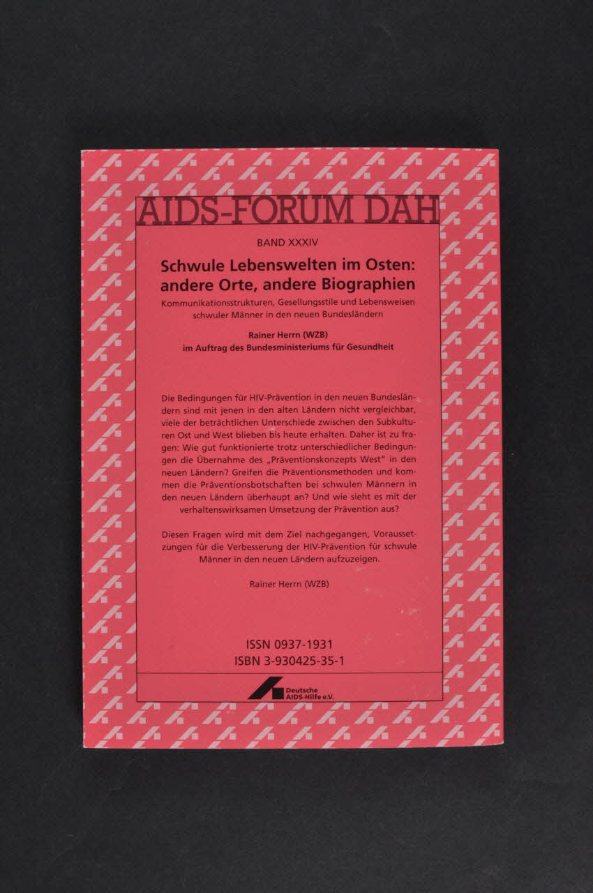 Deutsche Aids-Hilfe livre AIDS-Forum DAH. Band XXXIV :  Rainer Herrn : "Schwule Lebenswelten im Osten : andere Orte, andere Biographien" Allemagne 1999/6 2003.111.182 Photo Mucem