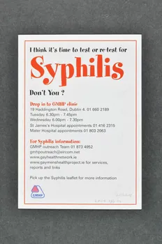 Gay Men Health Project Carte d'information "I think it's time to test or re-test for syphilis. Don't you" (Je pense qu'il est temps de faire ou refaire le test de la syphilis. Et vous ?) Irlande 2005 2005.174.4 Photo Mucem