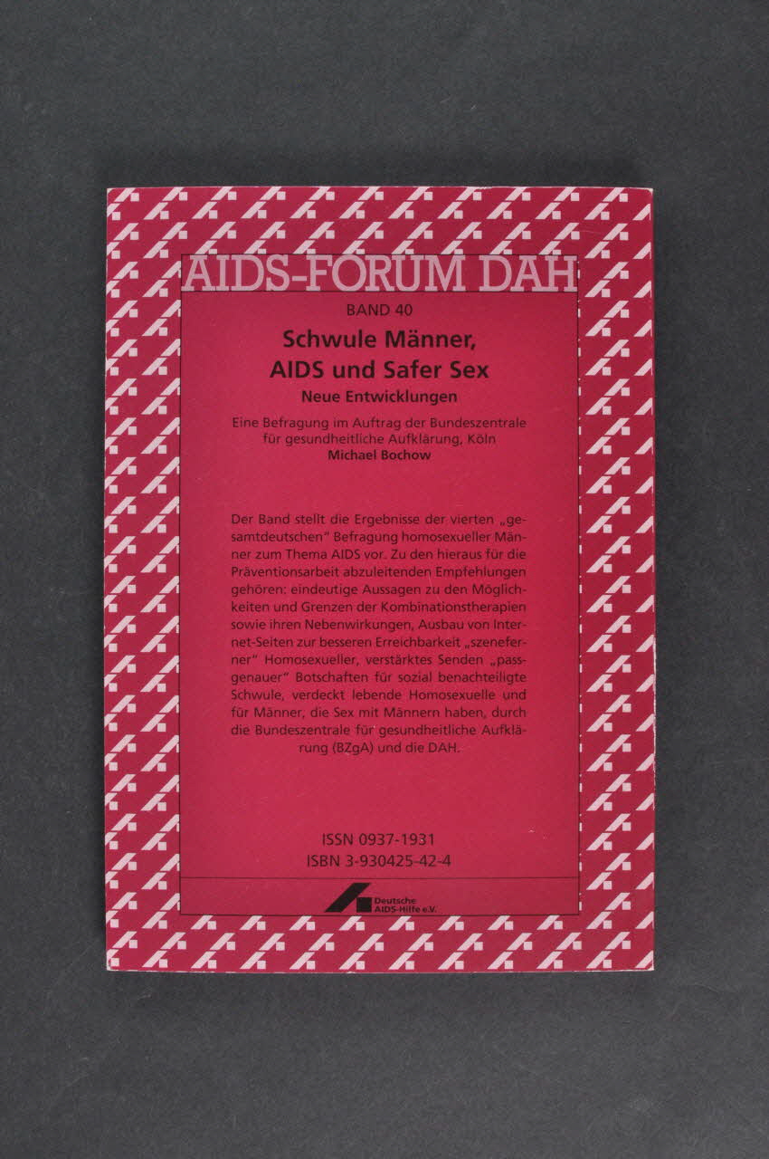 Deutsche Aids-Hilfe livre AIDS-Forum DAH. Band 40 :  Michael Bochow : "Schwule Männer, AIDS und Safer Sex. Neue Entwicklungen" (Hommes homosexuels, sida et safer sex. Nouveaux développements) Allemagne 2001/2 2003.111.187 Photo Mucem