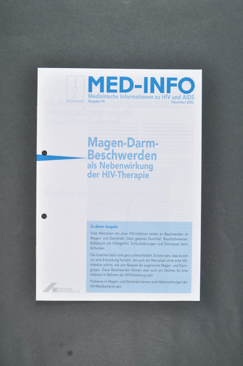 Aids-Hilfe KöLn Revue associative "Med-Info" / "Magen-Darm-Beschwerden als Nebenwirkung der HIV-Therapie" (Douleurs d'estomac et digestives comme effet secondaire des thérapies antirétrovirales) Allemagne 2002/12 2003.111.210 Photo Mucem