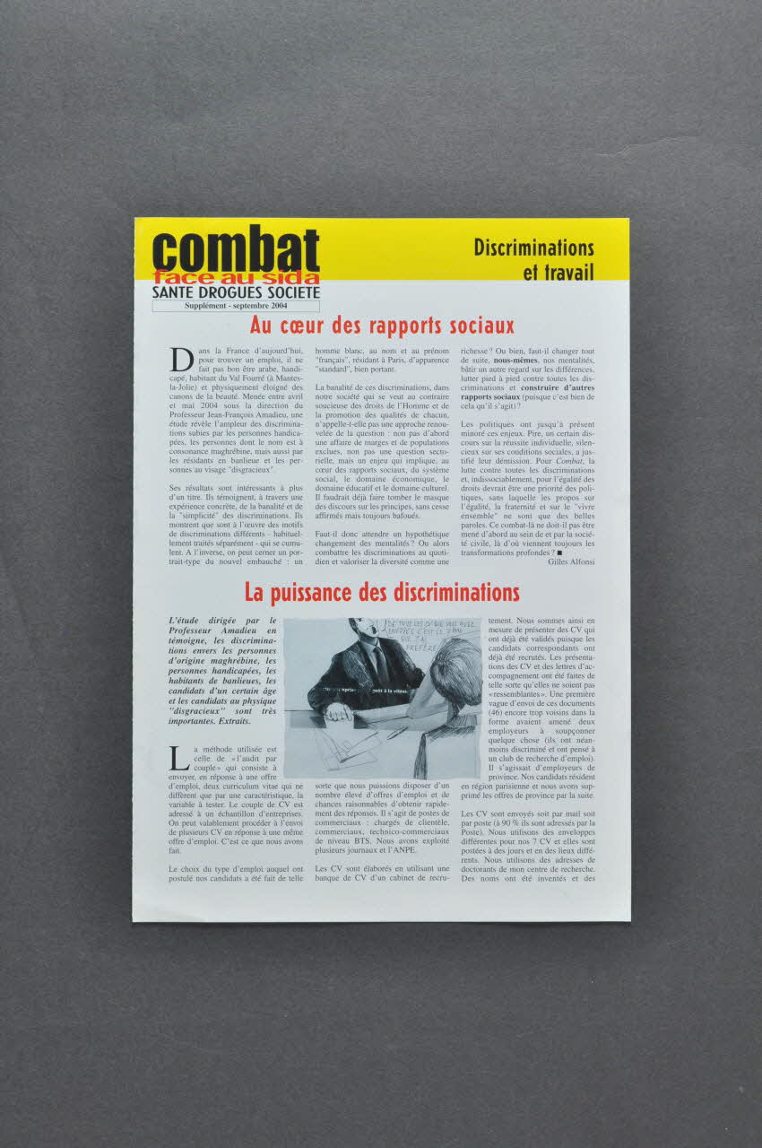 Combat face au Sida Journal associatif "Combat face au sida",  supplément septembre 2004 : Discriminations et travail France 2004 2004.198.10 Photo Mucem