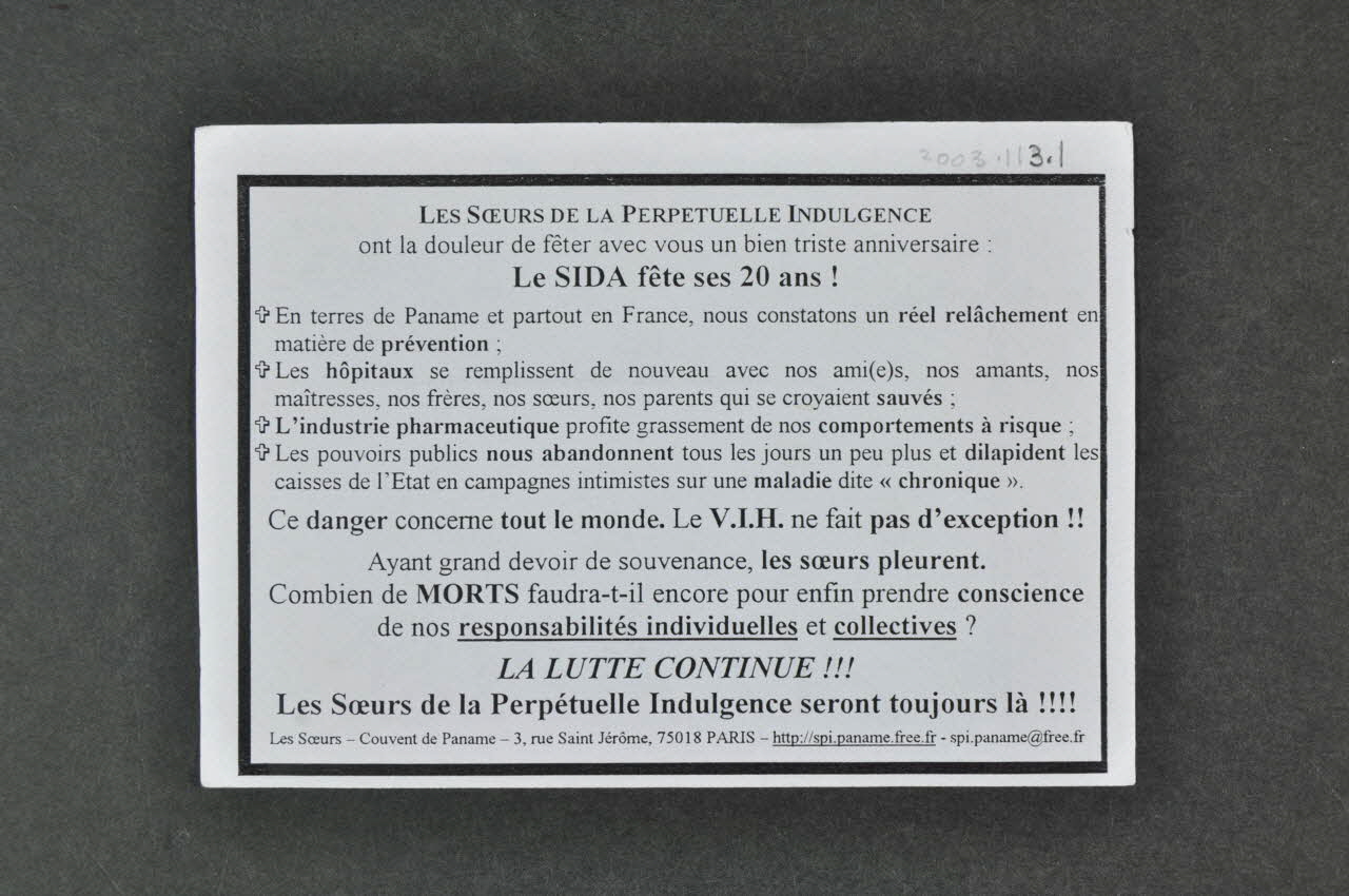 Soeurs de la Perpétuelle Indulgence - Couvent de Paname flyer faire part : "Les soeurs de la perpétuelle Indulgence ont la douleur de fêter avec vous un bien triste anniversaire : Le SIDA fête ses 20 ans !" Île-de-France, France 2003 2003.113.1 Photo Mucem