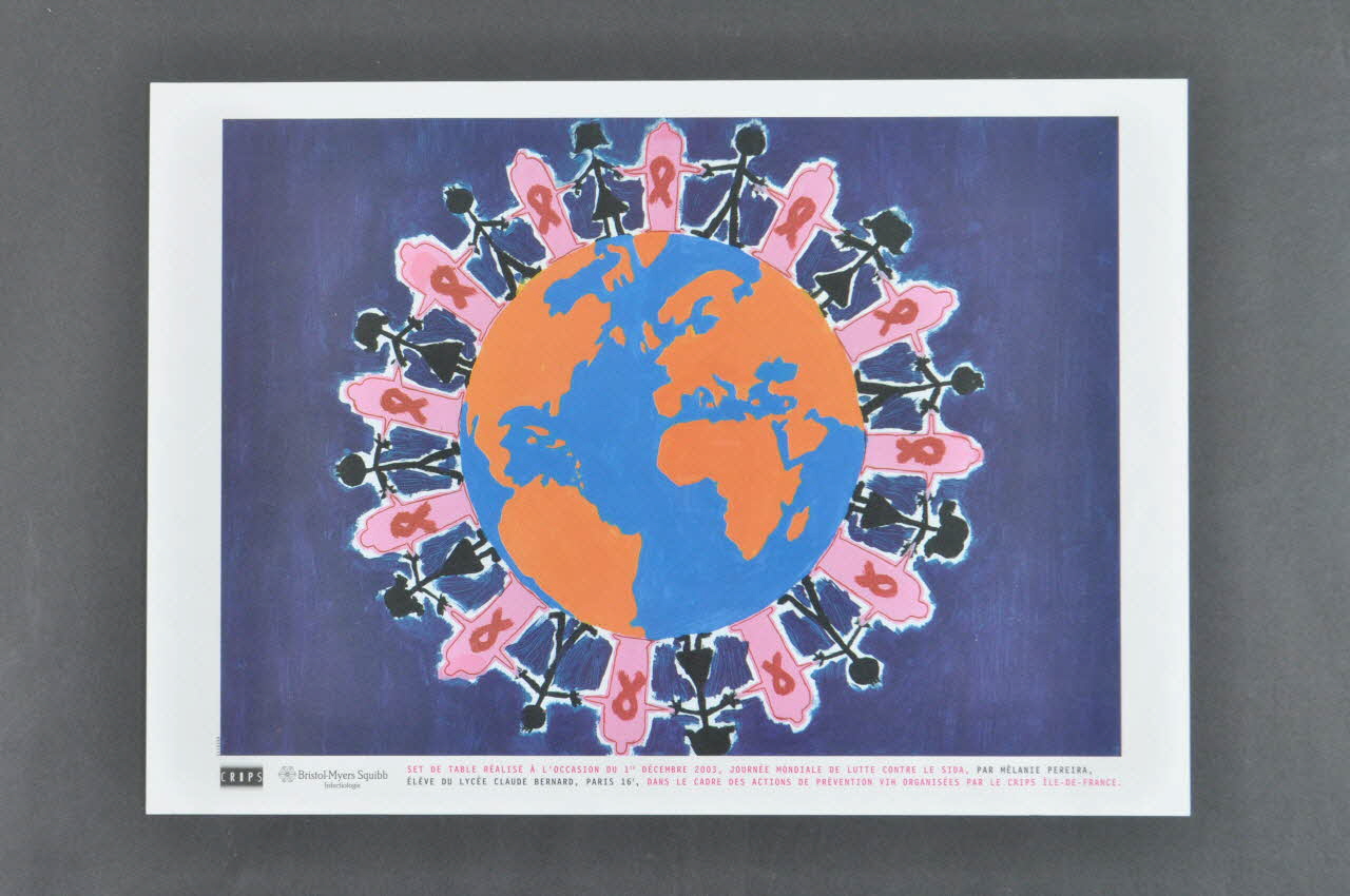 C.R.I.P.S Ile de France set de table Set de table réalisé à l'occasion du 1er décembre 2003, journée mondiale de lutte contre le sida, par Mélanie Pereira, élève du lycée Claude Bernard, Paris 16°, dans le cadre des actions de prévention VIH organisées par le CRIPS Ile-de_France Île-de-France, France 2003 2004.201.2 Photo Mucem