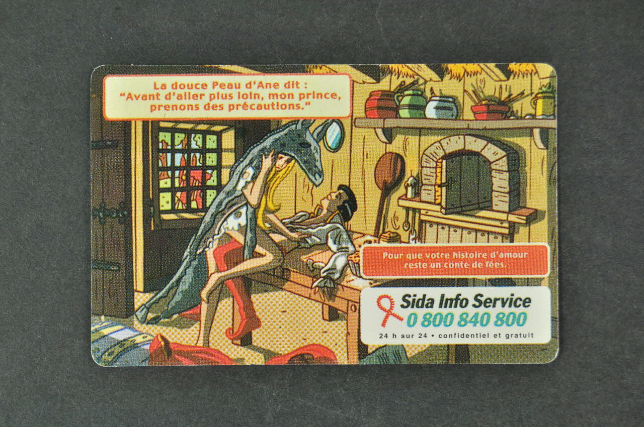 Sida Info Service - Ligne Azur carte "La douce Peau d'Ane dit : Avant d'aller plus loin, mon prince, prennons des précautions." / "Pour que votre histoire d'amour reste un conte de fées" France 1999 2004.203.32 Photo Mucem