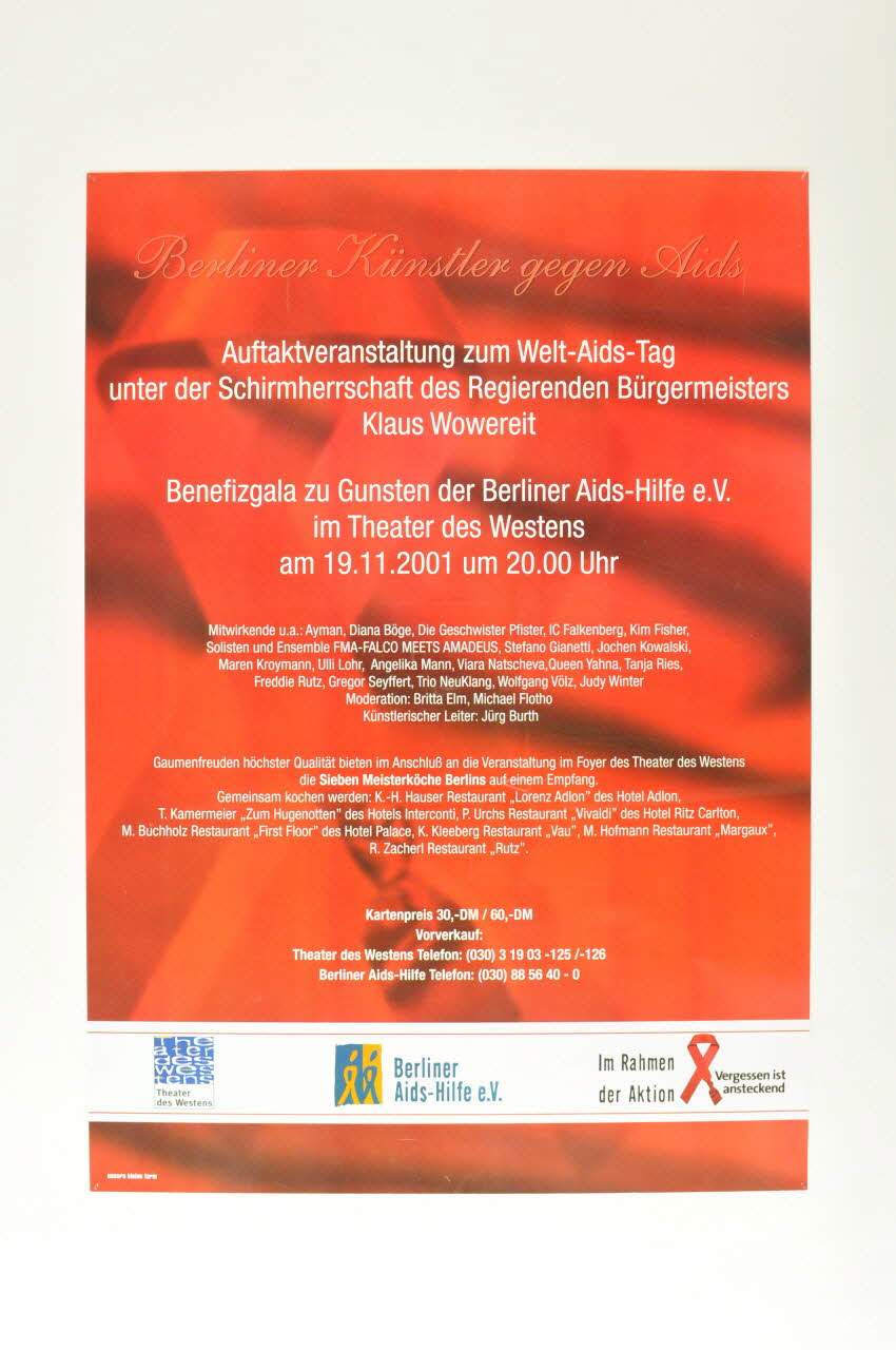 Berliner Aidshilfe, Théatre Des Westens affiche "Berliner Künstler gegen Aids... Benefizgala" Allemagne 2001 2003.117.4 Photo Mucem