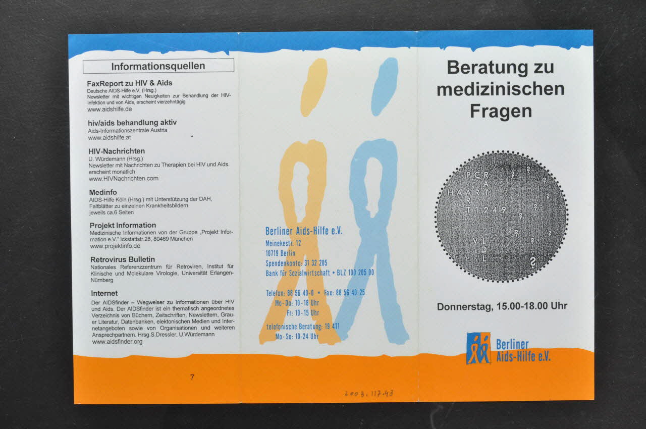 Berliner Aids-Hilfe Dépliant "Beratung zu medizinischen Fragen" (Conseils et informations médicales) Allemagne 2003 2003.117.43 Photo Mucem