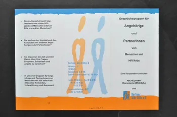 Berliner Aids-Hilfe Dépliant "Gesprächsgruppen für Angehörige und PartnerInnen von Menschen mit HIV/Aids (Groupe de parole pour proches et partenaires d'hommes séropositifs) Allemagne 2003 2003.117.51  Photo Mucem
