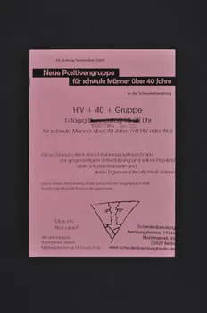 Pluspunkt tract "Neue Positiven gruppe für schwule Junx bis 28 /  "Neue Positiven gruppe für schwule Männer über 40 Jahre" (Nouveau groupe positif pour des jeunes homosexuels jusqu'à 28 ans / Nouveau groupe positif pour des homosexuels de plus de 40 ans) Allemagne 2002/9 2003.117.72 Photo Mucem
