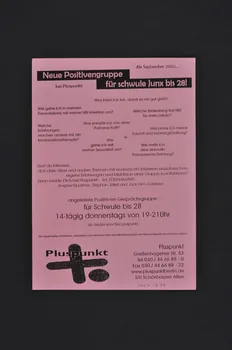 Pluspunkt tract "Neue Positiven gruppe für schwule Junx bis 28 /  "Neue Positiven gruppe für schwule Männer über 40 Jahre" (Nouveau groupe positif pour des jeunes homosexuels jusqu'à 28 ans / Nouveau groupe positif pour des homosexuels de plus de 40 ans) Allemagne 2002/9 2003.117.72 Photo Mucem