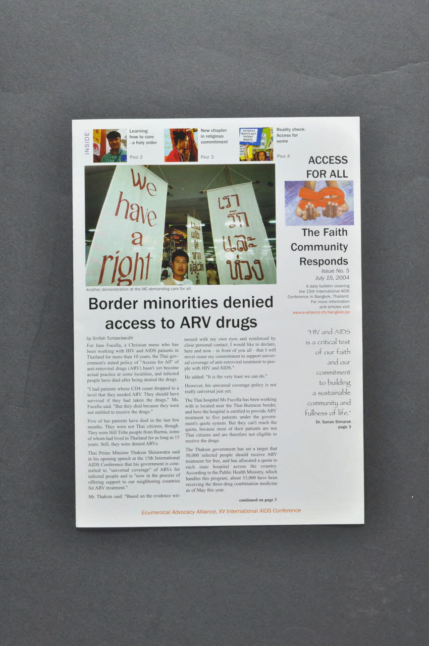 Ecumenical Advocacy Alliance revue "Access for all. The faith community responds", n° 5, 15/7/2004 (Accès pour tous. la communauté de foi répond) International 2004 2004.204.125 Photo Mucem
