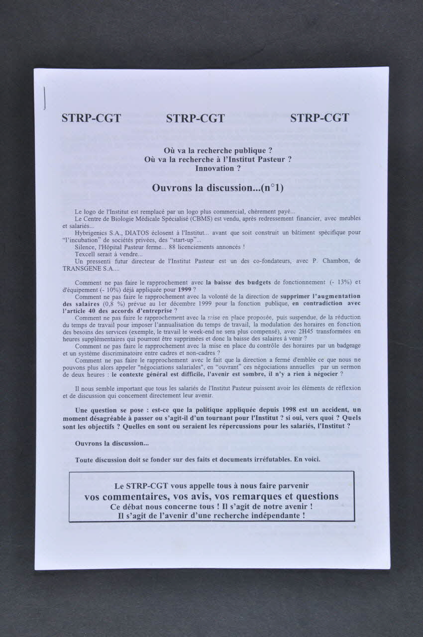 Syndicat Strp-Cgt De L'institut Pasteur tract "Où va la recherche publique ? Où va la recherche à l'Institut Pasteur ? Innovation ? Ouvrons la discussion" France 1999/7/15 2003.123.15 Photo Mucem