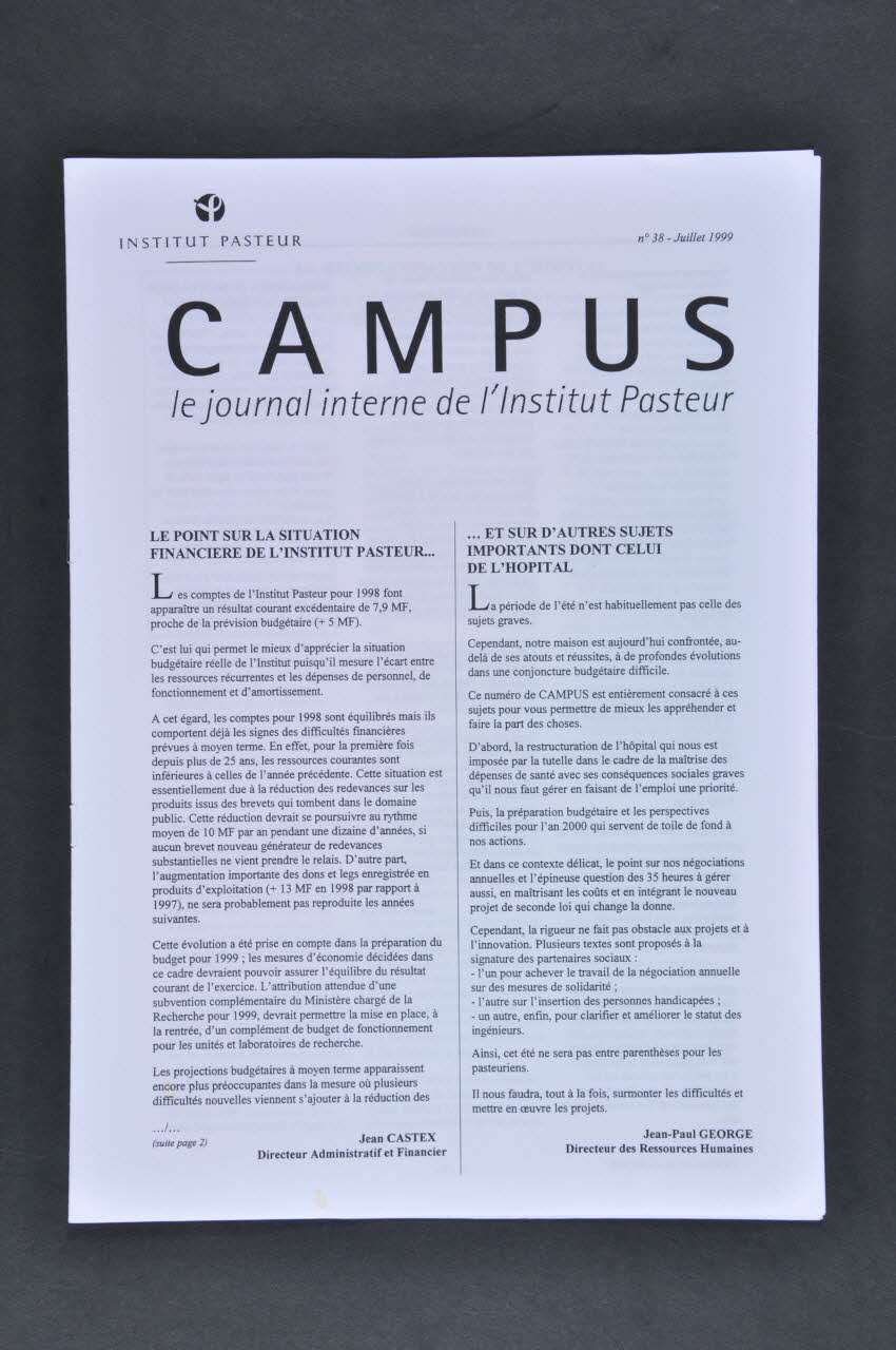 Hôpital Pasteur - DRH journal Journal interne de l'Institut Pasteur, n° 38, juillet 1999 / La réorganisation de l'hôpital France 1999/7 2003.123.17 Photo Mucem