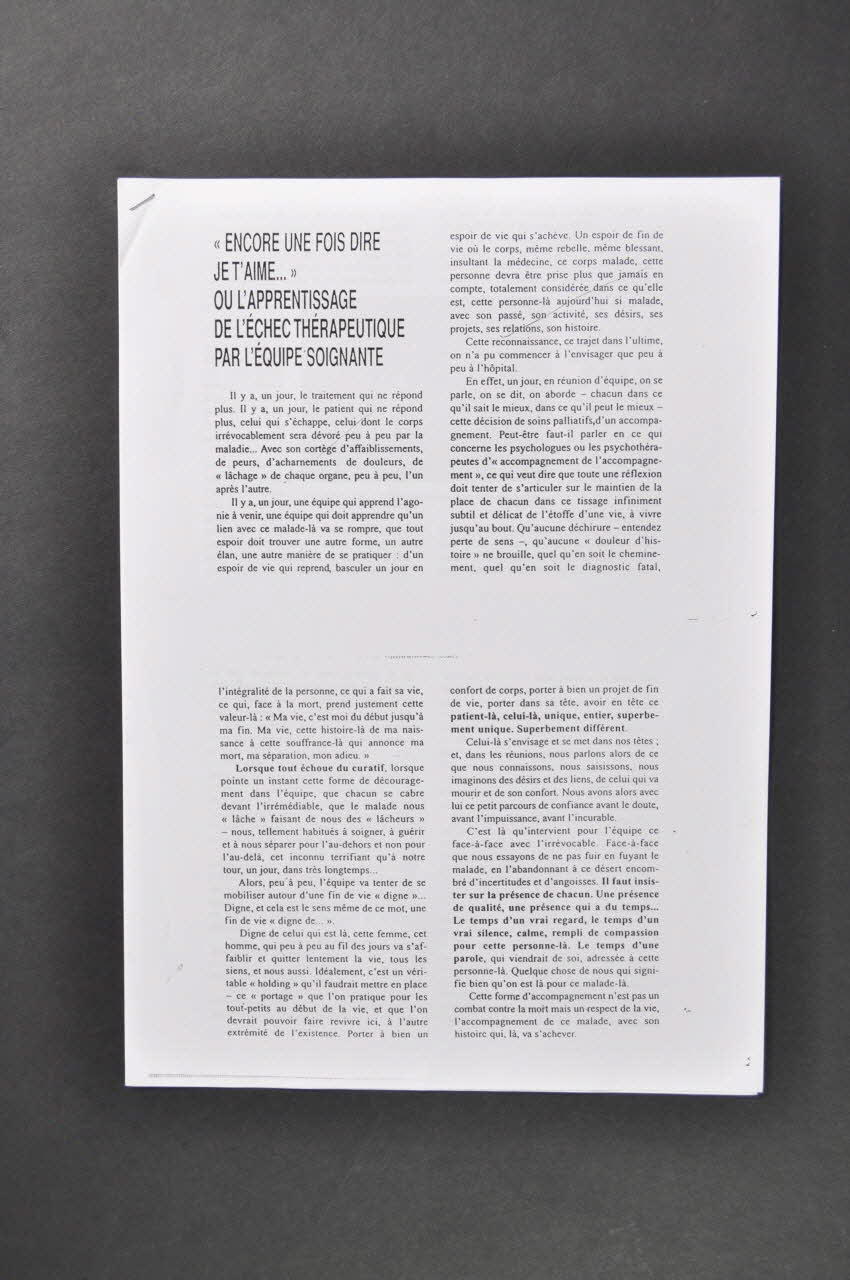 Hôpital Pasteur - Personnel et malades Tiré à part "A. Contat, Encore une fois dire je t'aime...ou l'apprentissage de l'échec thérapeutique par l'équipe soigante" France 1998 2003.123.22 Photo Mucem