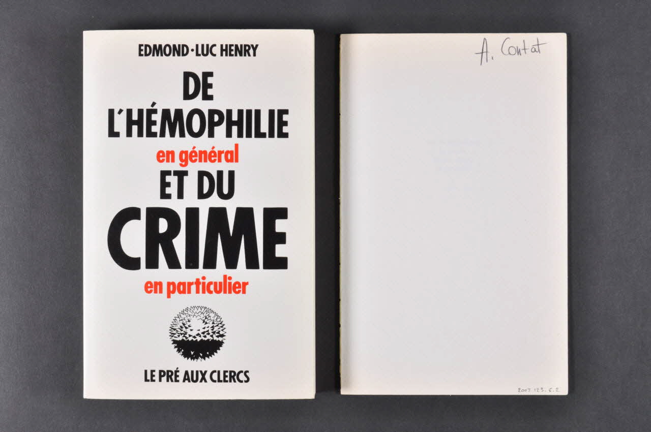 Ed Du Pré Aux Clercs livre "Edmond-Luc Henry, De l'hémophilie en général et du crime en particulier, Ed du Pré aux clercs" France 1992 2003.123.6.1-2 Photo Mucem