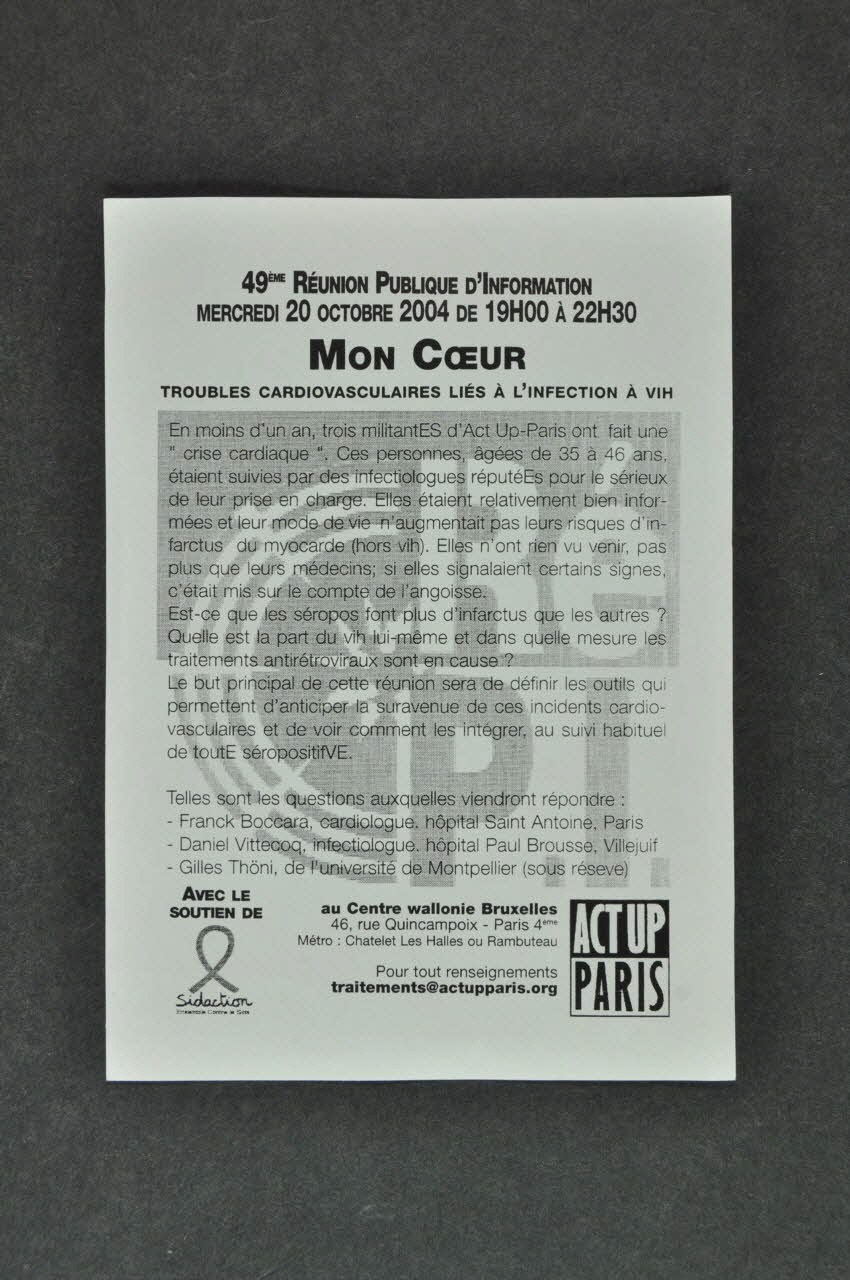 Act Up-Paris tract "Mon coeur. Troubles cardiovasculiares liés à l'infection à VIH" France 2004/10 2004.204.40 Photo Mucem