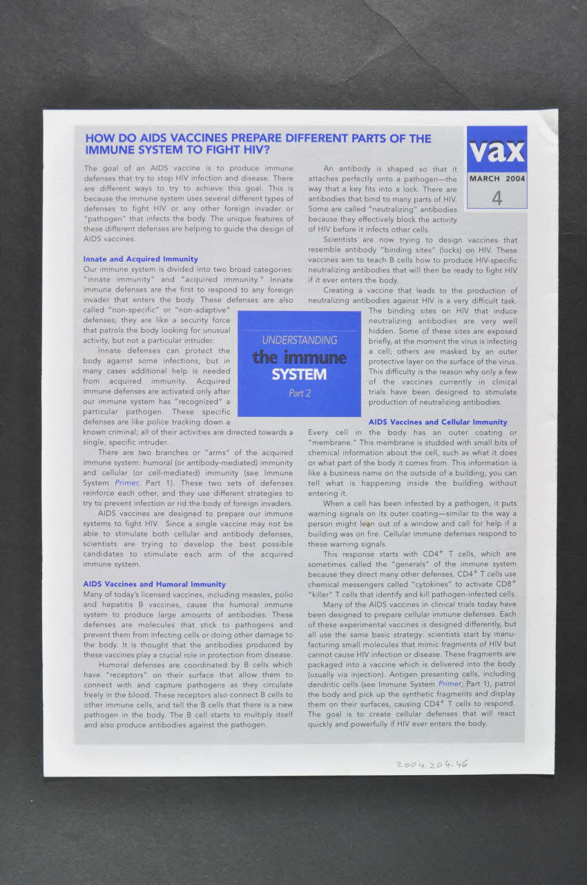 International Aids Vaccine Research Bulletin VAX, mars 2004, n° 2 International 2004/3 2004.204.46 Photo Mucem