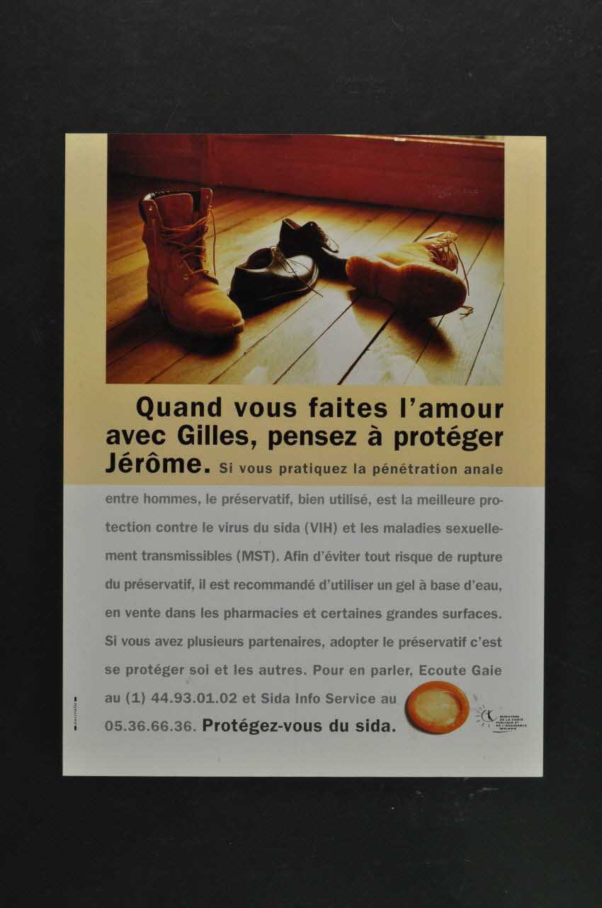 Ministère de la Santé Publique et de l'Assurance Maladie affiche "Quand vous faites l'amour avec Gilles, pensez à protéger Jérôme..." "Protégez vous du sida" France 1995 2003.125.147 Photo Mucem