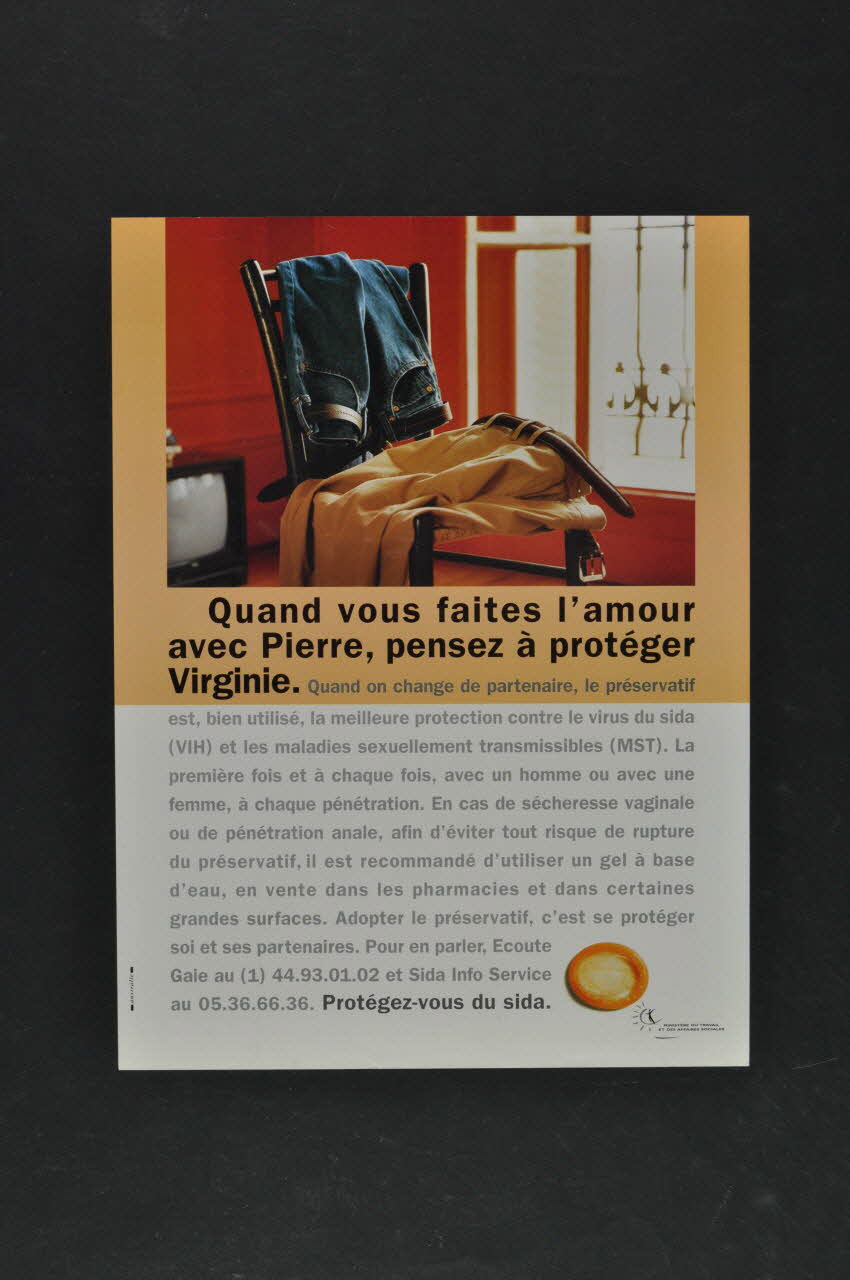 Ministère de la Santé Publique et de l'Assurance Maladie affiche "Quand vous faites l'amour avec Pierre, pensez à protéger Virginie." France 1995 2003.125.148 Photo Mucem