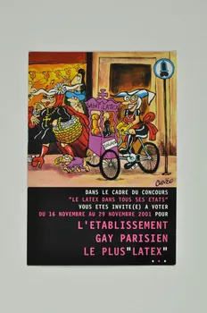 CRIPS (Centre régional d'information et de prévention du sida) carte postale "Dans le cadre du concours : "Le latex dans tous ses états" vous êtes invité (e) à voter du 16 novembre au 29 novembre 2001 pour l'établissement gay parisien le plus "latex" Île-de-France, France 2001/11 2003.125.220 Photo Mucem