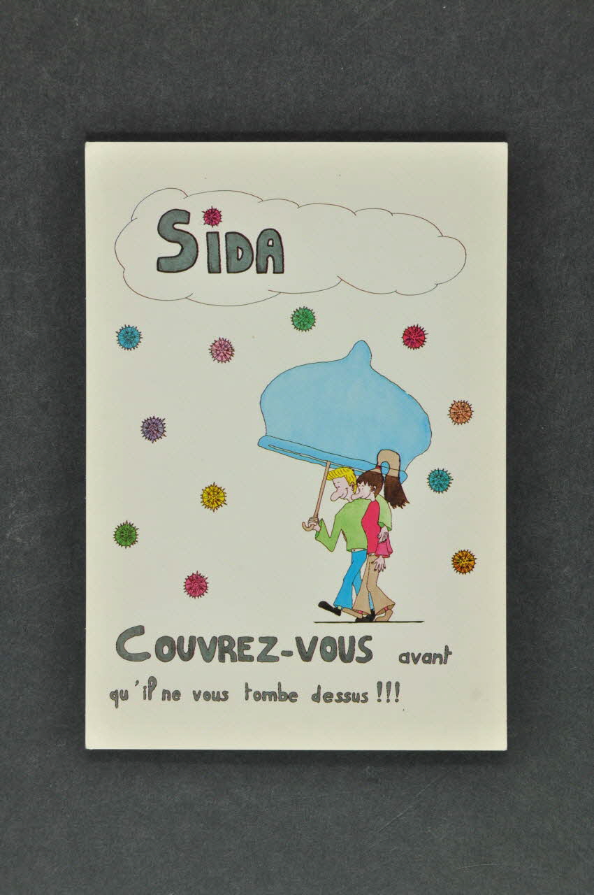 Service Inter Universitaire de Médecine Préventive carte postale "SIDA. Couvrez-vous avant qu'il ne vous tombe dessus !!!" Île-de-France, France 1990 2003.125.228 Photo Mucem