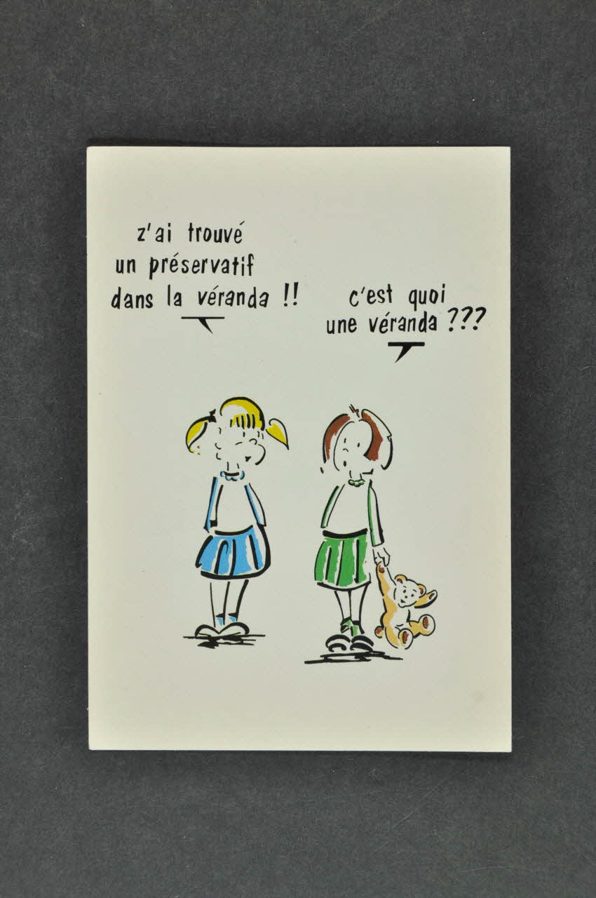 Service Inter Universitaire de Médecine Préventive carte postale " Z'ai trouvé un préservatif dans la véranda!! / C'est quoi une véranda???" Île-de-France, France 1990 2003.125.233 Photo Mucem