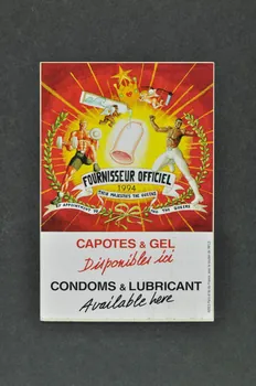 Aides Paris Et Ile De France, Afls autocollant "Fournisseur officiel by appointment to their majesties the queens and the queers. / Capotes et gel disponibles ici." France 1994 2003.125.257  Photo Mucem