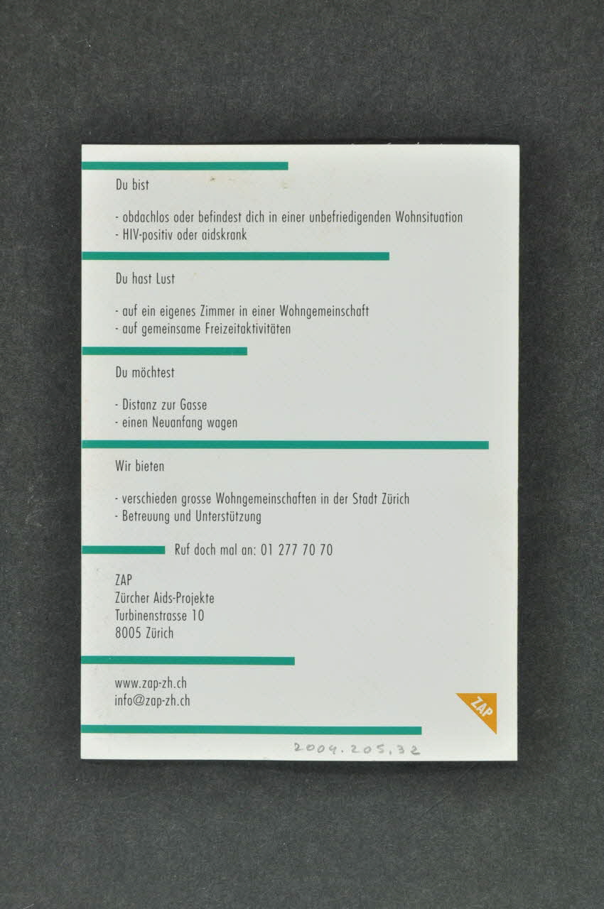 flyer "ZAP sucht positive Mitbewohnerlnnen" ("ZAP cherche des colocataires positifs") 2004.205.32 Photo Mucem