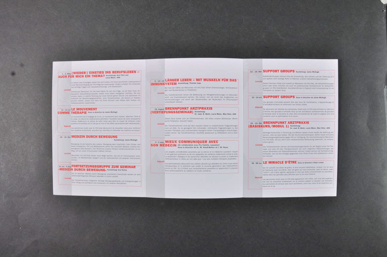 Aide Suisse Contre Le Sida (Ass) Dépliant "1999. Programme des cours pour les personnes vivant avec le VIH / sida" Lorraine, France 1999 2004.205.33 Photo Mucem