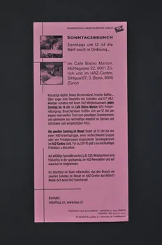 Homosexuelle Arbeitsgruppen Zurich (HAZ) flyer "Sonntagsbrunch" (Brunch du dimanche) Lorraine, France 2004 2004.205.45 Photo Mucem
