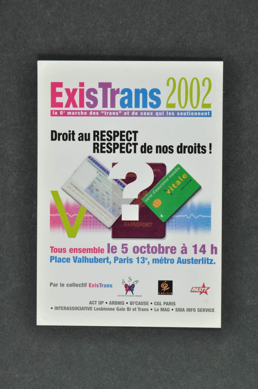 Collectif Existrans carte postale "Existrans 2002. Droit au respect. Respect de nos droits ! Île-de-France, France 2002/10 2003.125.319 Photo Mucem