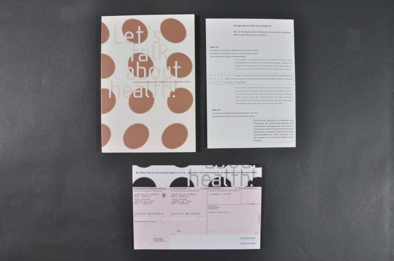 Zurcher Aids Hilfe BROCHURE "Let's talk about health. Gesundheitshandbuch für lesbische und bisexuelle Frauen  (La santé ? Parlons-en !. Manuel de santé pour les femmes lesbiennes et bisexuelles) Lorraine, France 1999 2004.205.8.1-3 Photo Mucem