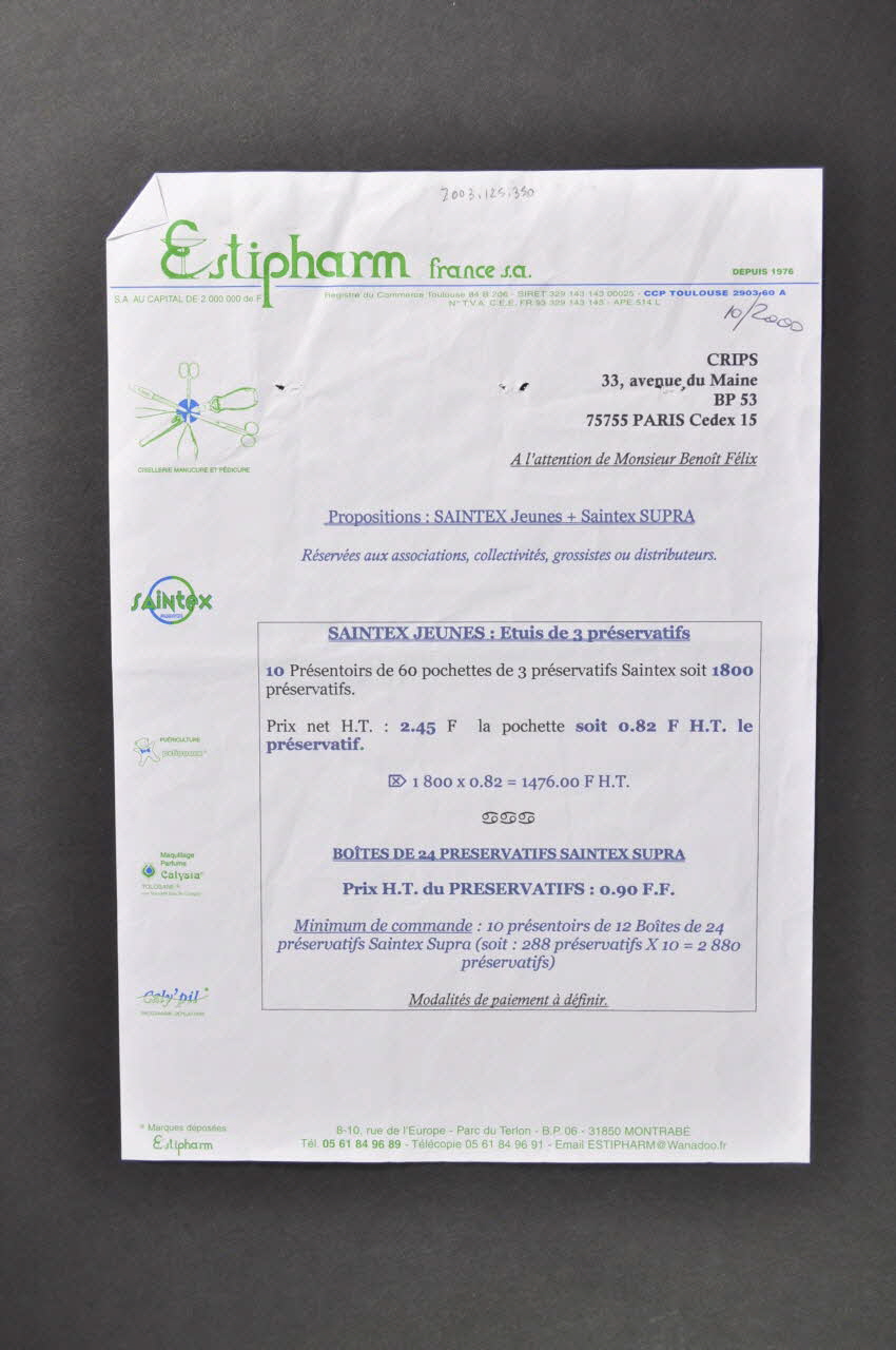 Estipharm, Saintex document Devis de préservatifs SAINTEX France 2000/10 2003.125.350 Photo Mucem