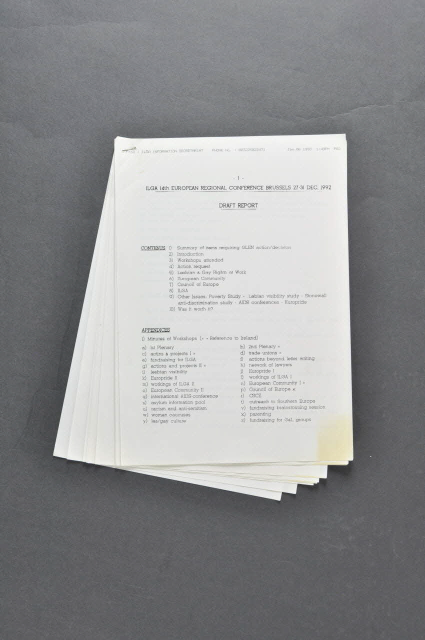 Gay And Lesbian Equality Network (Glen) Rapport "ILGA 14th European Regional Conference Brussels 27-31 dec 1992. Draft report" Irlande 1992 2005.182.15 Photo Mucem