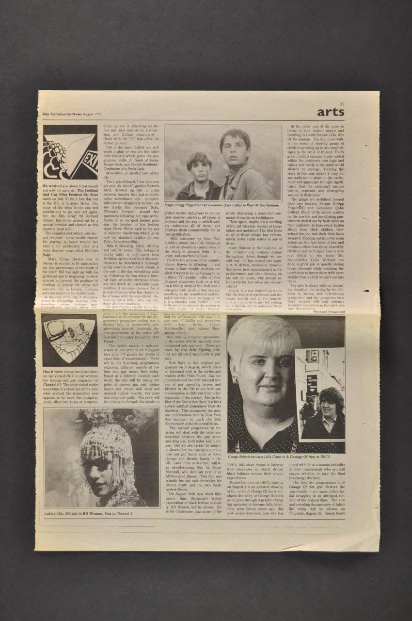 Gay Community News Coupure de presse Gay community News, August 1994 "Lesbians ? Not a Lot. Mary Dorcey evaluates Kieran Rose's New book" (Les lesbiennes. Il n'y en a pas beaucoup. Mary Dorcey critique le nouveau livre de Kieran Rose) Irlande 1994 2005.182.17 Photo Mucem