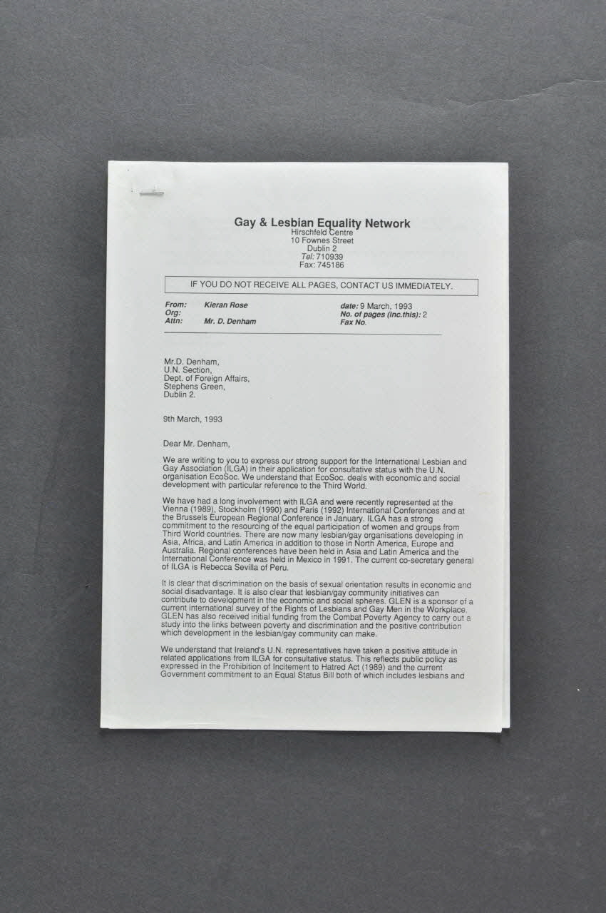 Gay & Lesbian Equality Network lettre Lettre de Kieran Rose, Co Chairperson of GLEN to Mr D. Denham, UN Section, Dept of Foreign Affairs Irlande 1993/3 2005.182.19 Photo Mucem