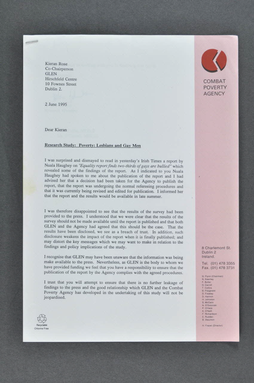 Gay And Lesbian Equality Network (Glen), Combat lettre Lettre de Helen Johnston, Combat Poverty Agency à Mr Kieran Rose, GLEN Irlande 1995/6 2005.182.27 Photo Mucem