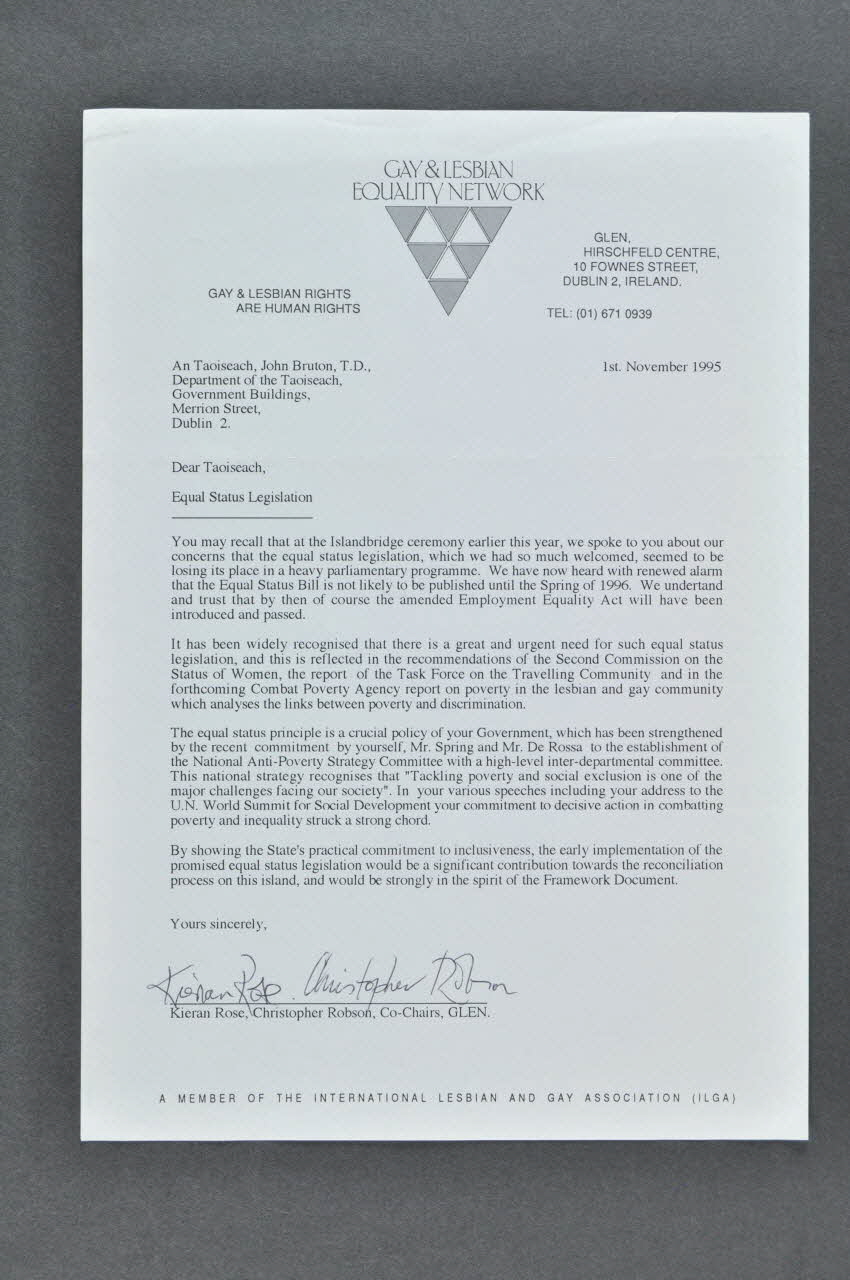 Gay And Lesbian Equality Network (Glen) lettre "Equal Status Legislation" Irlande 1995 2005.182.29 Photo Mucem