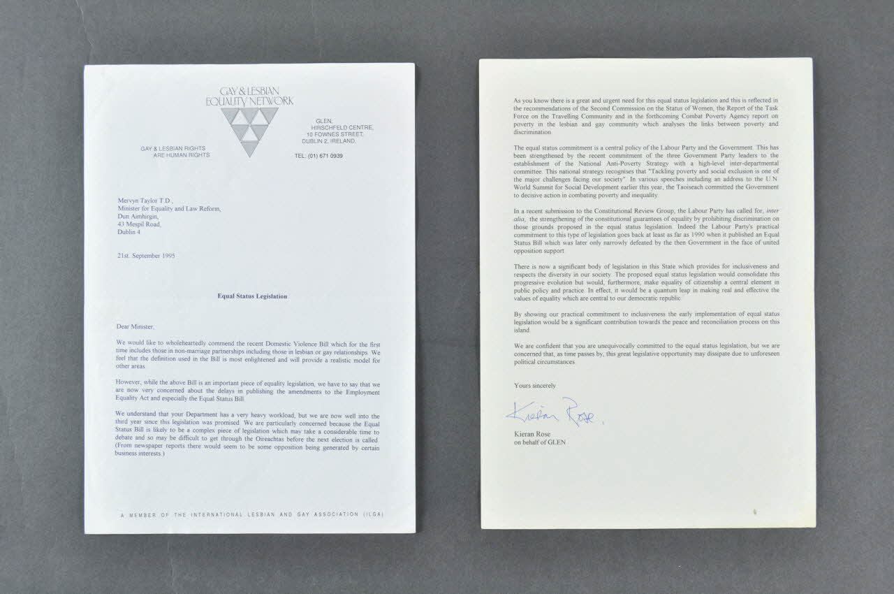 Gay And Lesbian Equality Network (Glen) lettre "Equal Status Legislation" Irlande 1995/9/21 2005.182.30.1-2 Photo Mucem