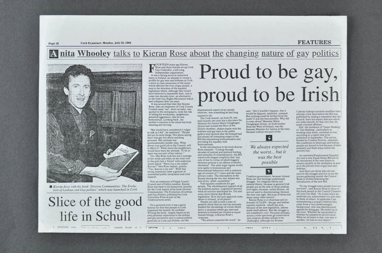 Cork Examiner Coupure de presse "Proud to be gay, proud to be Irish" (Fier d'être gay, fier d'être irlandais) Irlande 1994/7/25 2005.182.31 Photo Mucem