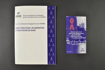 Onusida BROCHURE "Session extraordinaire de l'Assemblée générale des Nations Unies sur le VIH/Sida. Suivi de la Déclaration d'engagement sur le VIH/sida. Directives pour l'élaboration d'indicateurs de base" Lorraine, France 2002 2004.206.42.1-2 Photo Mucem
