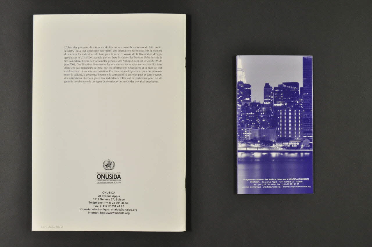 Onusida BROCHURE "Session extraordinaire de l'Assemblée générale des Nations Unies sur le VIH/Sida. Suivi de la Déclaration d'engagement sur le VIH/sida. Directives pour l'élaboration d'indicateurs de base" Lorraine, France 2002 2004.206.42.1-2 Photo Mucem
